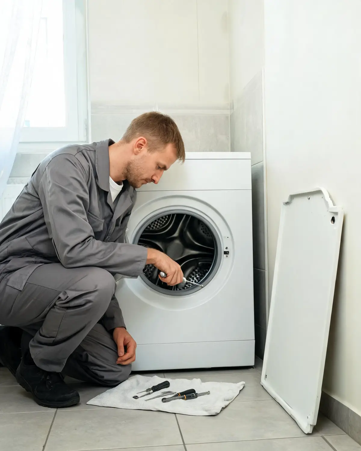 Мастер ремонтирует стиральную машину Leran